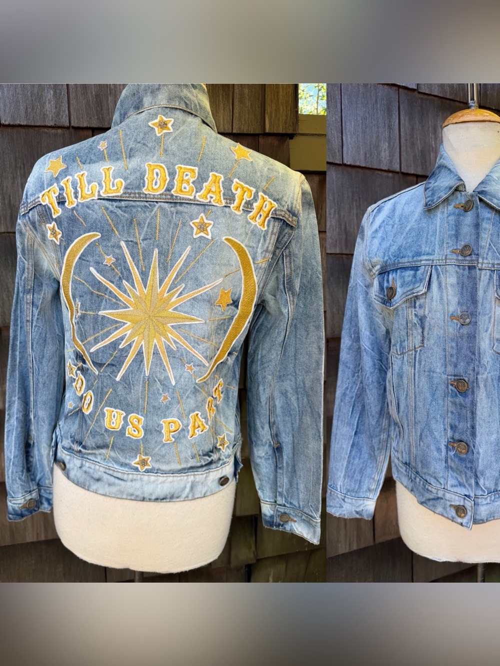 Denim and Bone wedding jean jacket distressed wash “Till Death do us Part”
Sz S